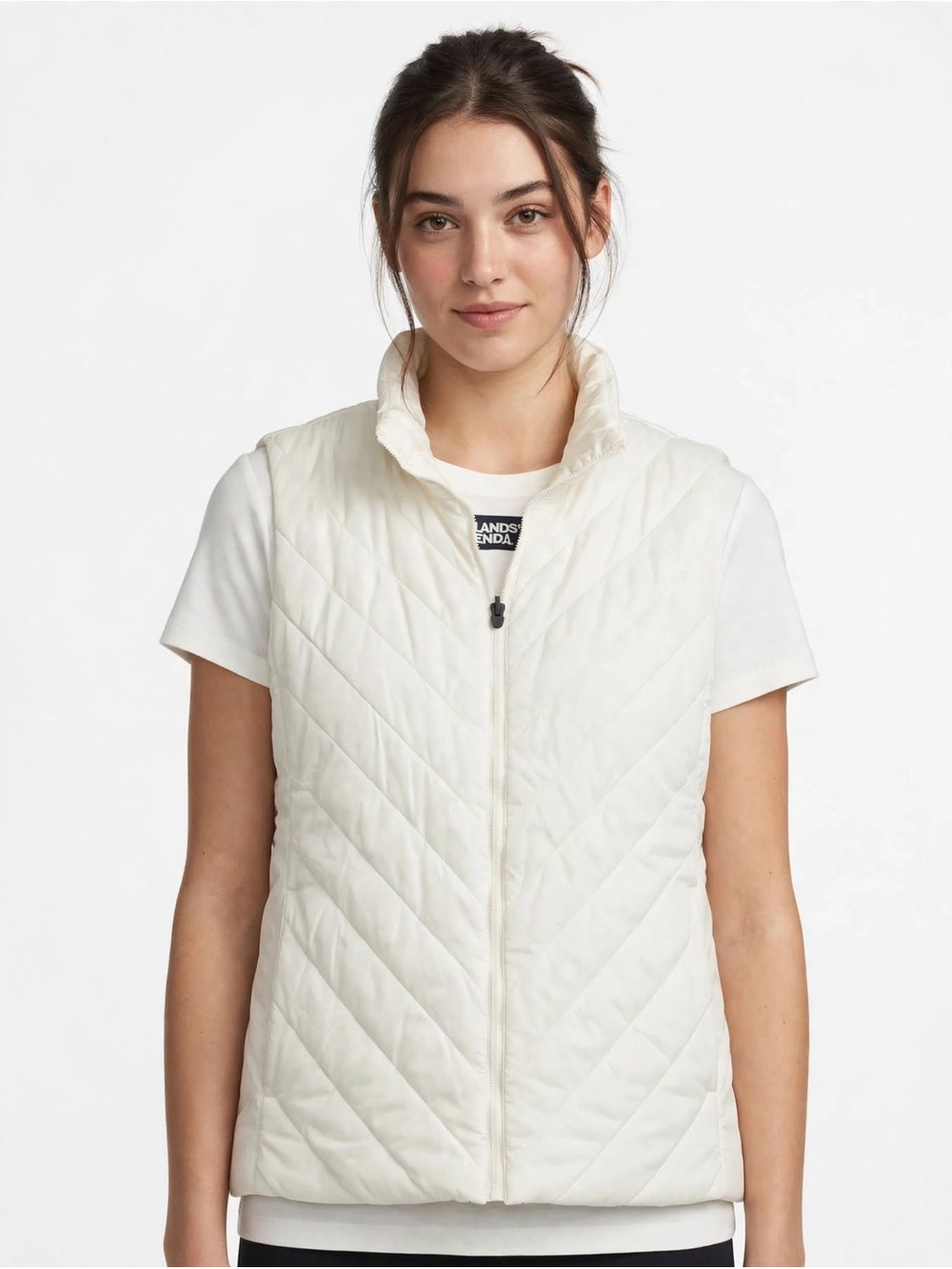 Lands' End Women's Wanderweight Down Chevron Cream Quilted Zip-Front Vest
